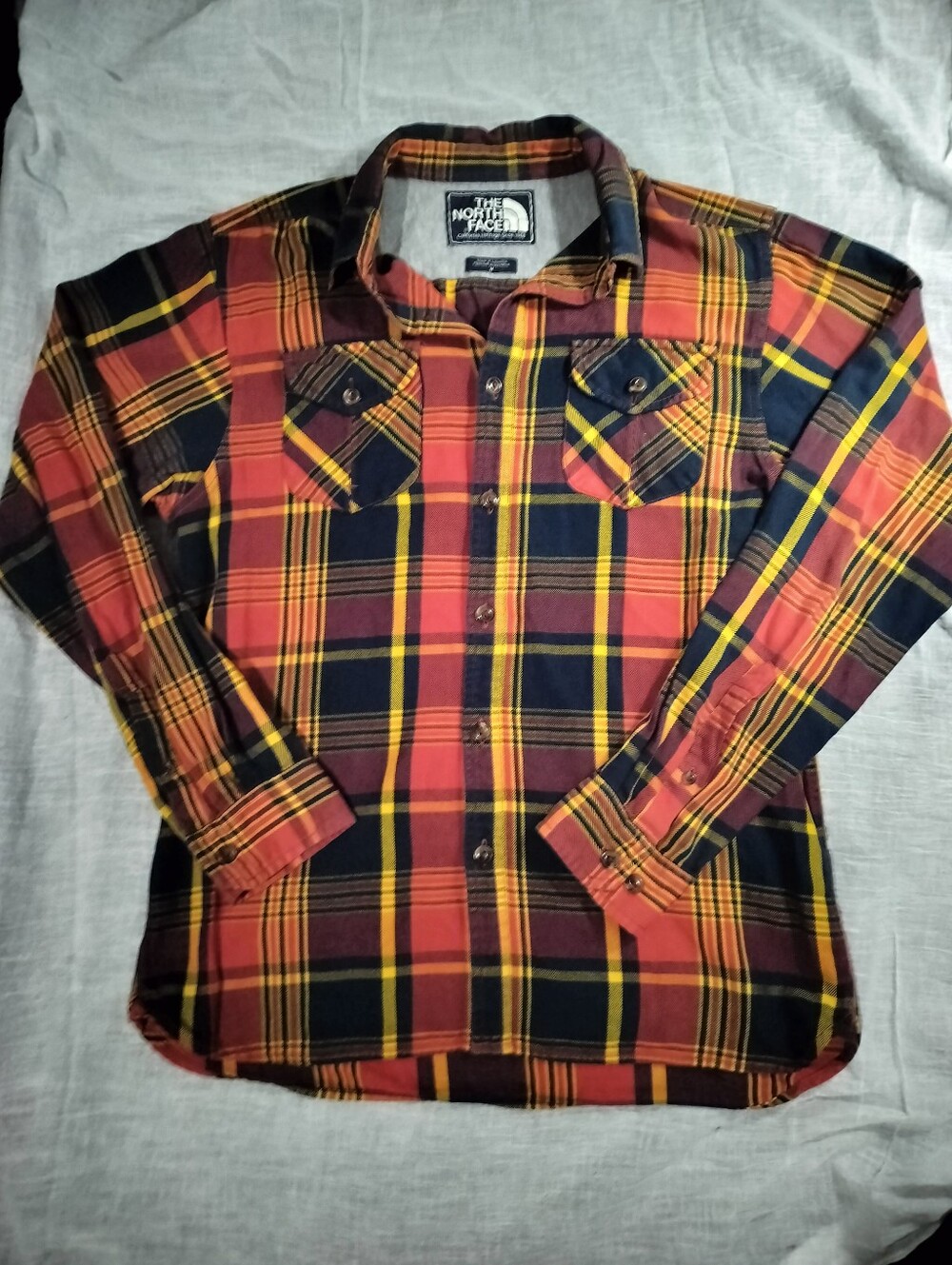 The North Face 100% Cotton Red, Yellow & Navy Plaid Button-Up Shirt - Medium